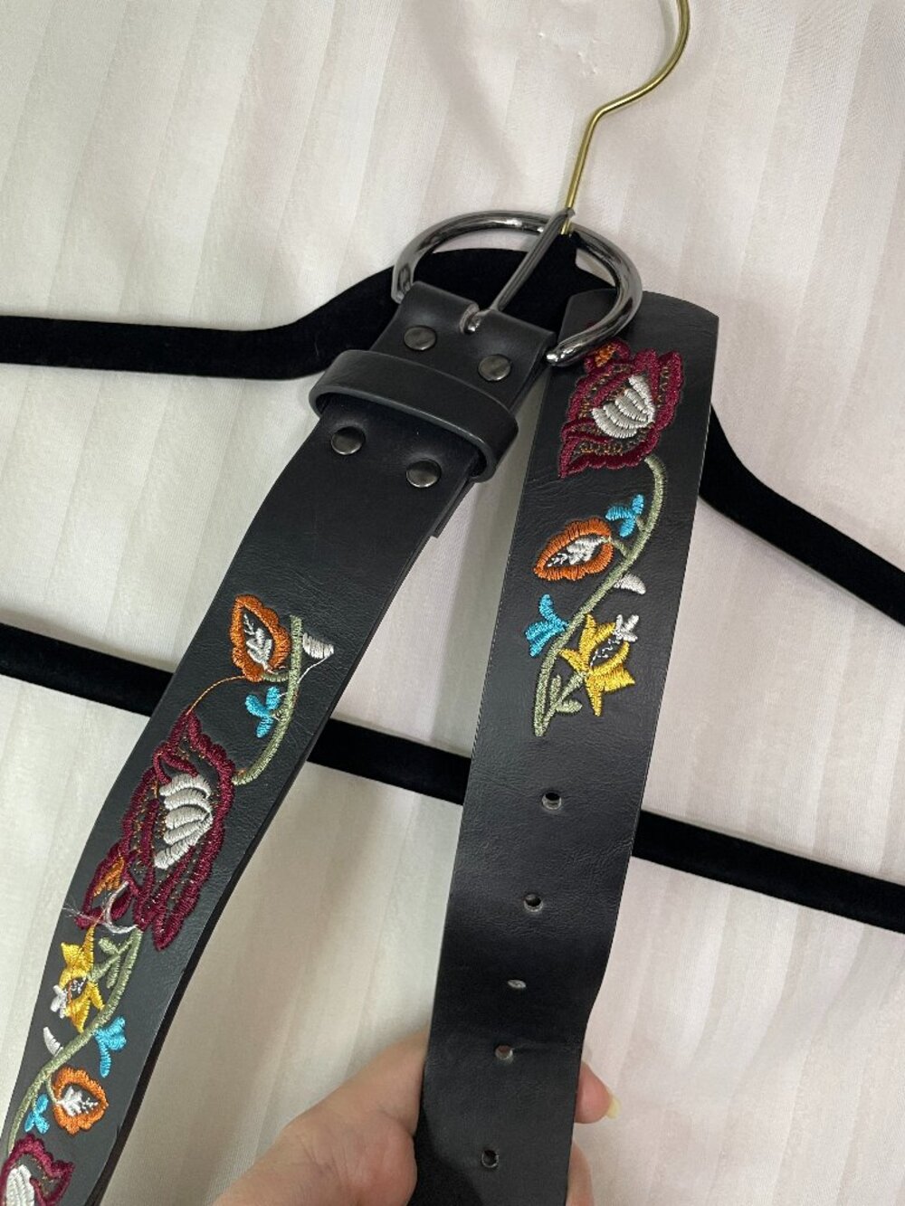 Beautiful Nomad Embroidered Floral Black PU Belt Double Ring Buckle Women's S/M